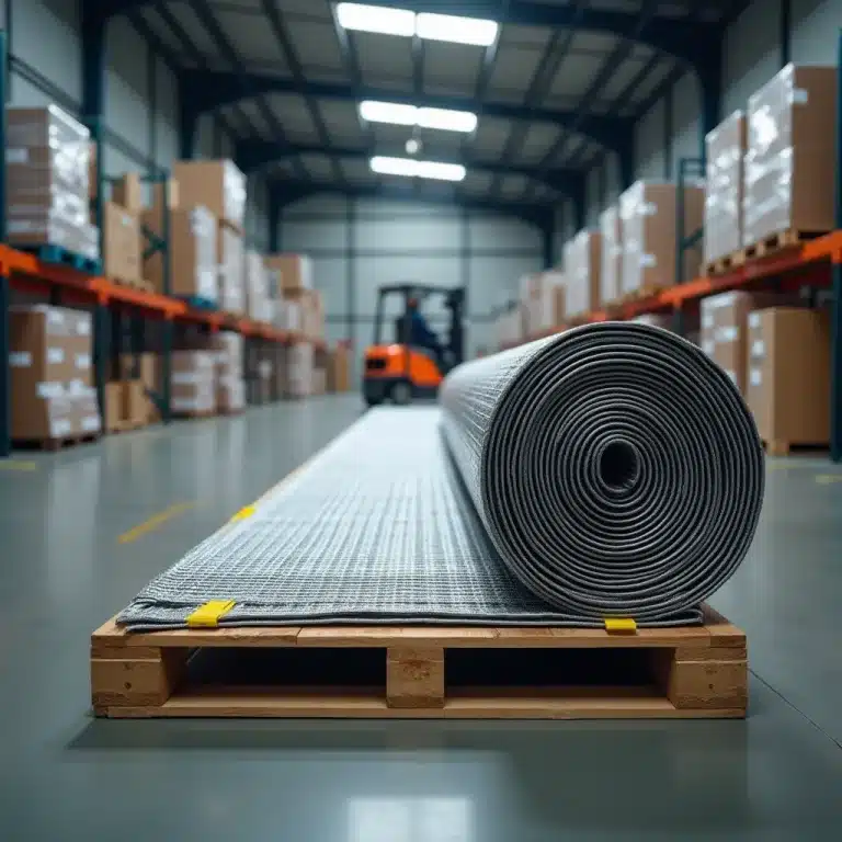 Nastro trasportatore in rete inox imballato su pallet in magazzino industriale