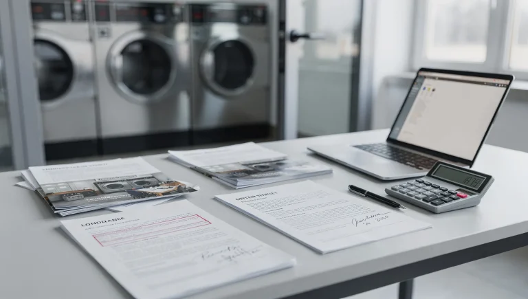 Documenti commerciali e contrattuali analizzati su un tavolo con lavanderia self-service automatica sullo sfondo