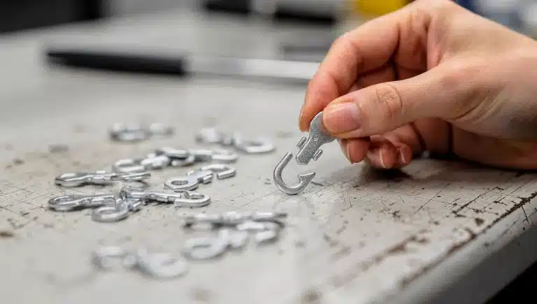 Primo piano editoriale di minuteria metallica rivestita con ganci e accessori per intimo, toccati da una mano su banco tecnico con tessuto accanto