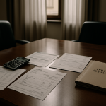 Estratti conto, fatture di ristrutturazione e documenti immobiliari su una scrivania legale per una causa di fine convivenza