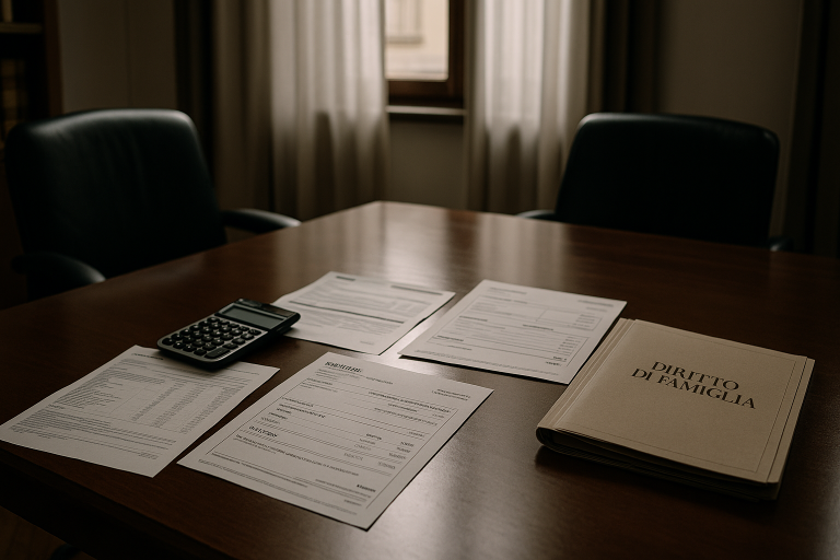 Estratti conto, fatture di ristrutturazione e documenti immobiliari su una scrivania legale per una causa di fine convivenza