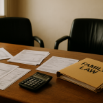Estratti conto, fatture di ristrutturazione e documenti immobiliari su una scrivania legale per una causa di fine convivenza